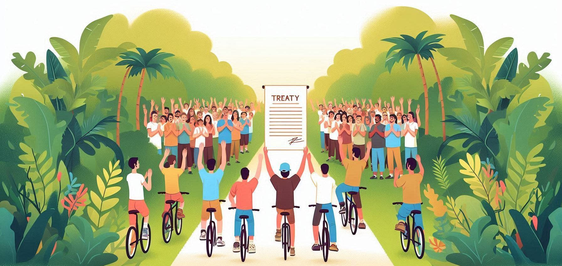 Image of cyclists and treaty and crowd